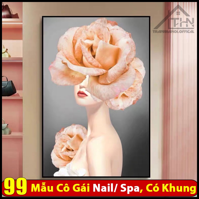 Tranh Treo Tường Phòng Khách/ SPa/ Nail/ Mi/ Phun săm thẩm mỹ/ Hình Cô Gái Nghệ thuật và hoa Có khung kèm đinh gắn tường