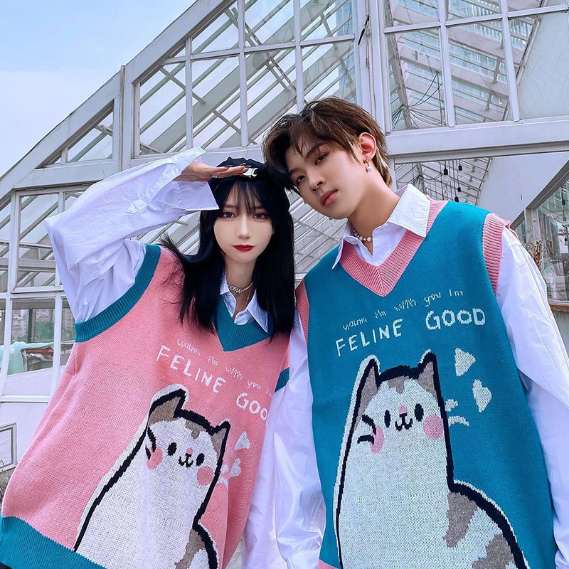 Áo Dệt Kim Sát Nách Dáng Rộng Kiểu Hoạt Hình Mèo Đáng Yêu Cho Cặp Đôi