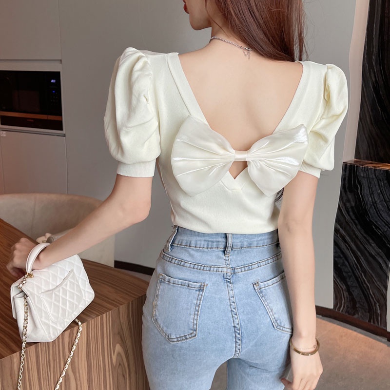 Áo Thun Tay Ngắn Phồng Ôm Dáng Màu Trơn Đính Nơ Thời Trang Mới