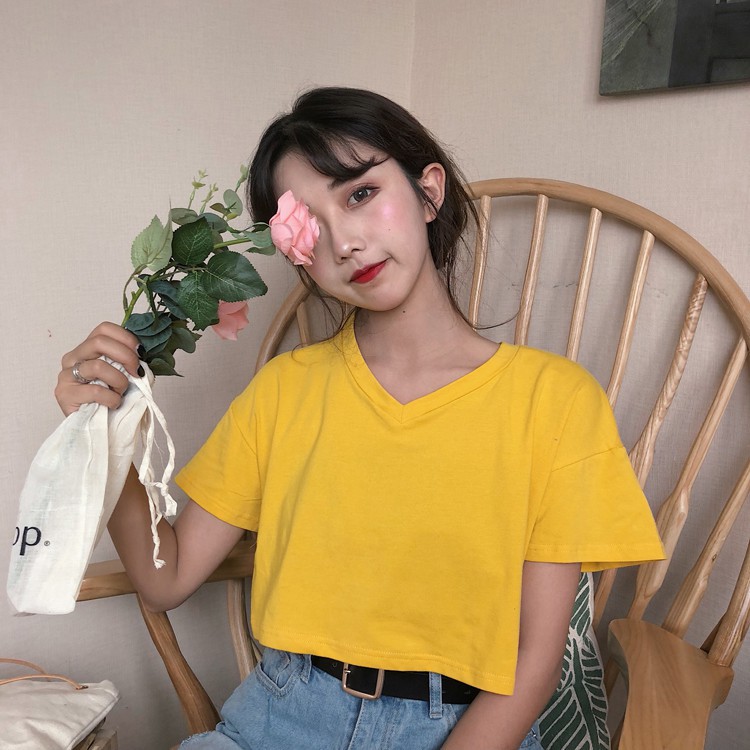 Áo thun croptop cổ V nhiều màu-shopforgirl | BigBuy360 - bigbuy360.vn