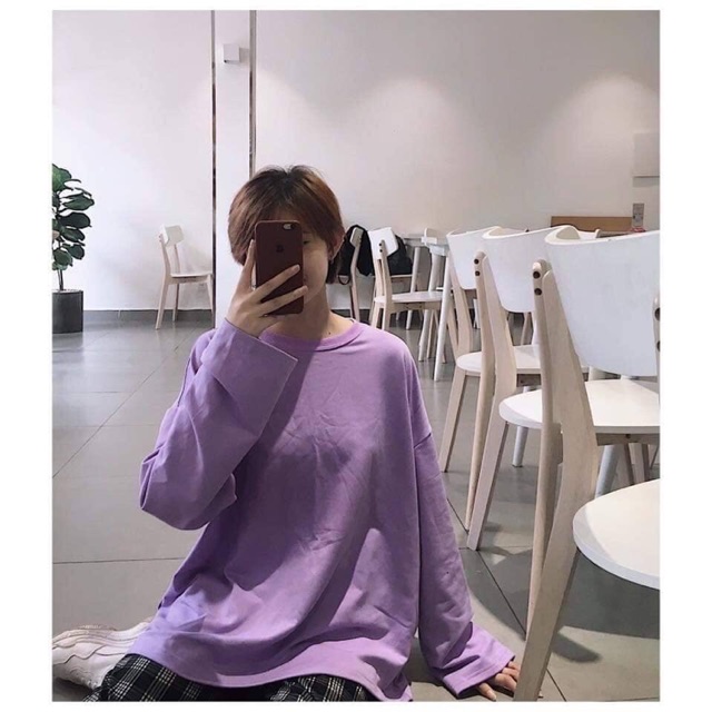 Áo sweater tay dài unisex tím trơn basic