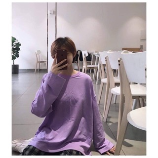 Áo sweater tay dài unisex tím trơn basic