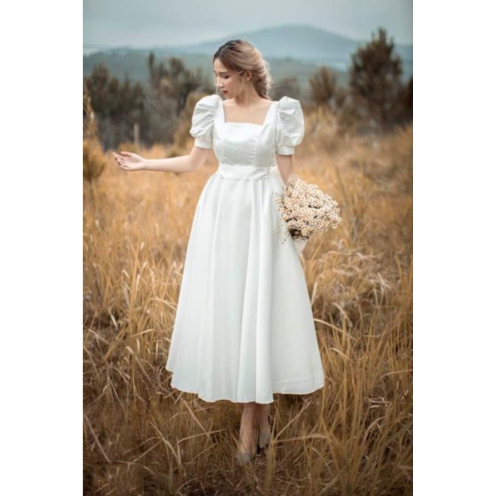 Đầm váy maxi nữ dự tiệc cao cấp dáng xoè cổ vuông dáng dài thắt nơ sau dễ thương tiểu thư công chúa xinh đẹp sang chảnh. | BigBuy360 - bigbuy360.vn