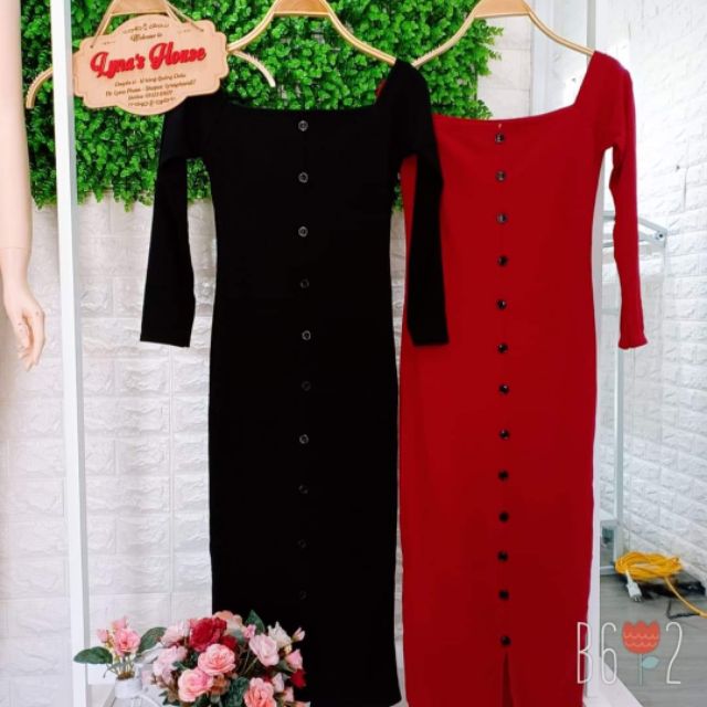 LH03 - Đầm Body Trễ Vai Tay Dài Nút Giữa | BigBuy360 - bigbuy360.vn