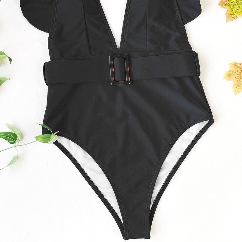 Xiangbao Bikini Không Tay Nhún Bèo Cổ Chữ V Sâu Hở Lưng Màu Trơn Eo Cao Có Khóa Cài Cho Nữ