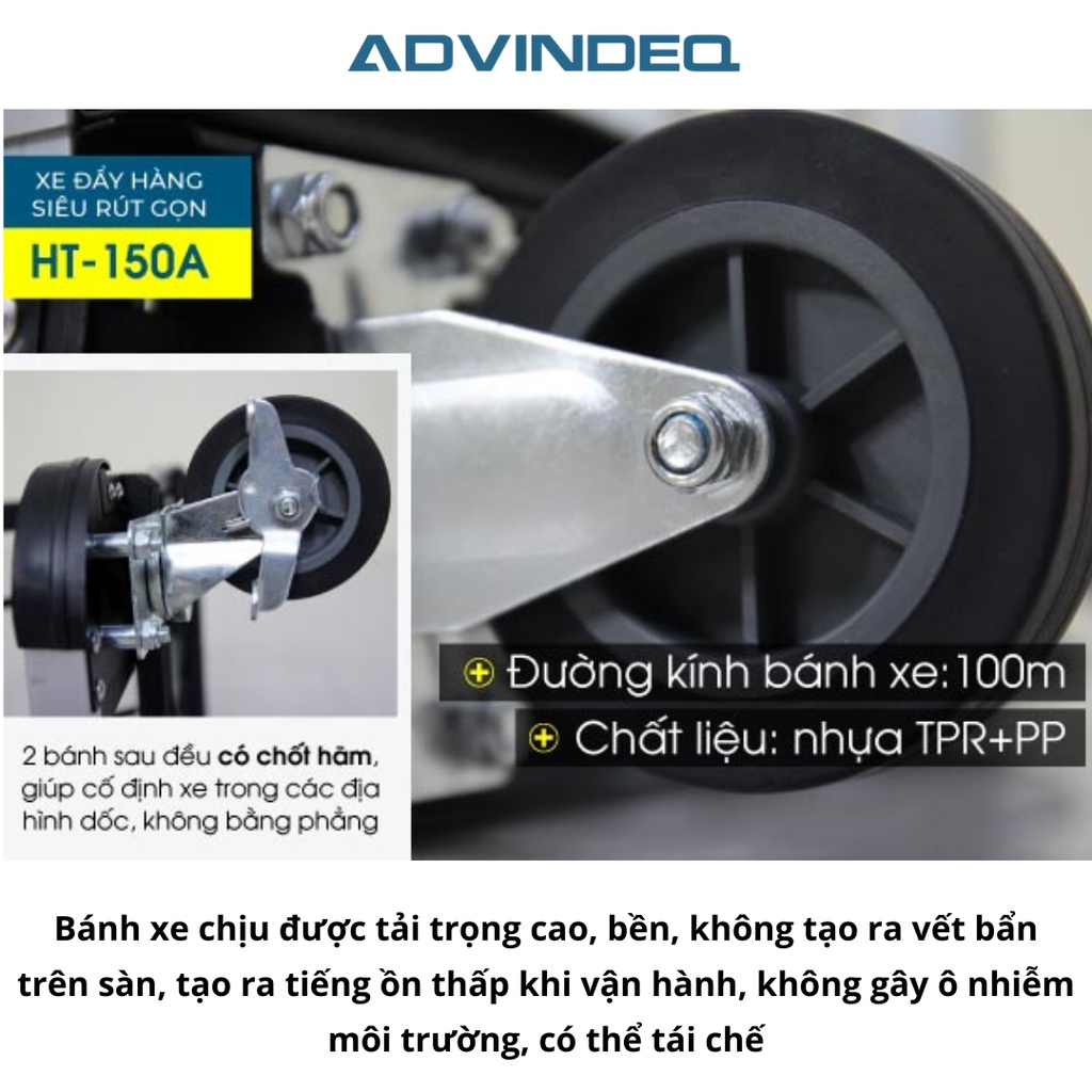 Xe đẩy hàng 4 bánh gấp gọn ADVINDEQ HT-150A, khung xe bằng thép sơn tĩnh điện siêu chắc chắn, tải trọng tới 150kg