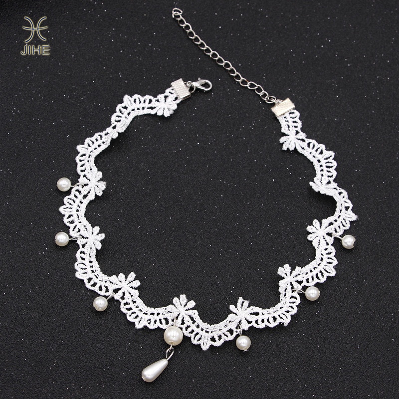 【JIHE】Vòng Cổ choker Phối Ren Và Ngọc Trai Trắng Phong Cách Nhật Hàn Thời Trang