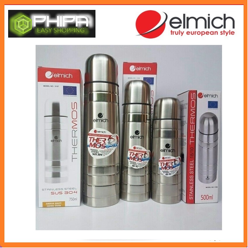 Phích giữ nhiệt Elmich INOX 304 500ml, 750ml,1000ml, màu bạc