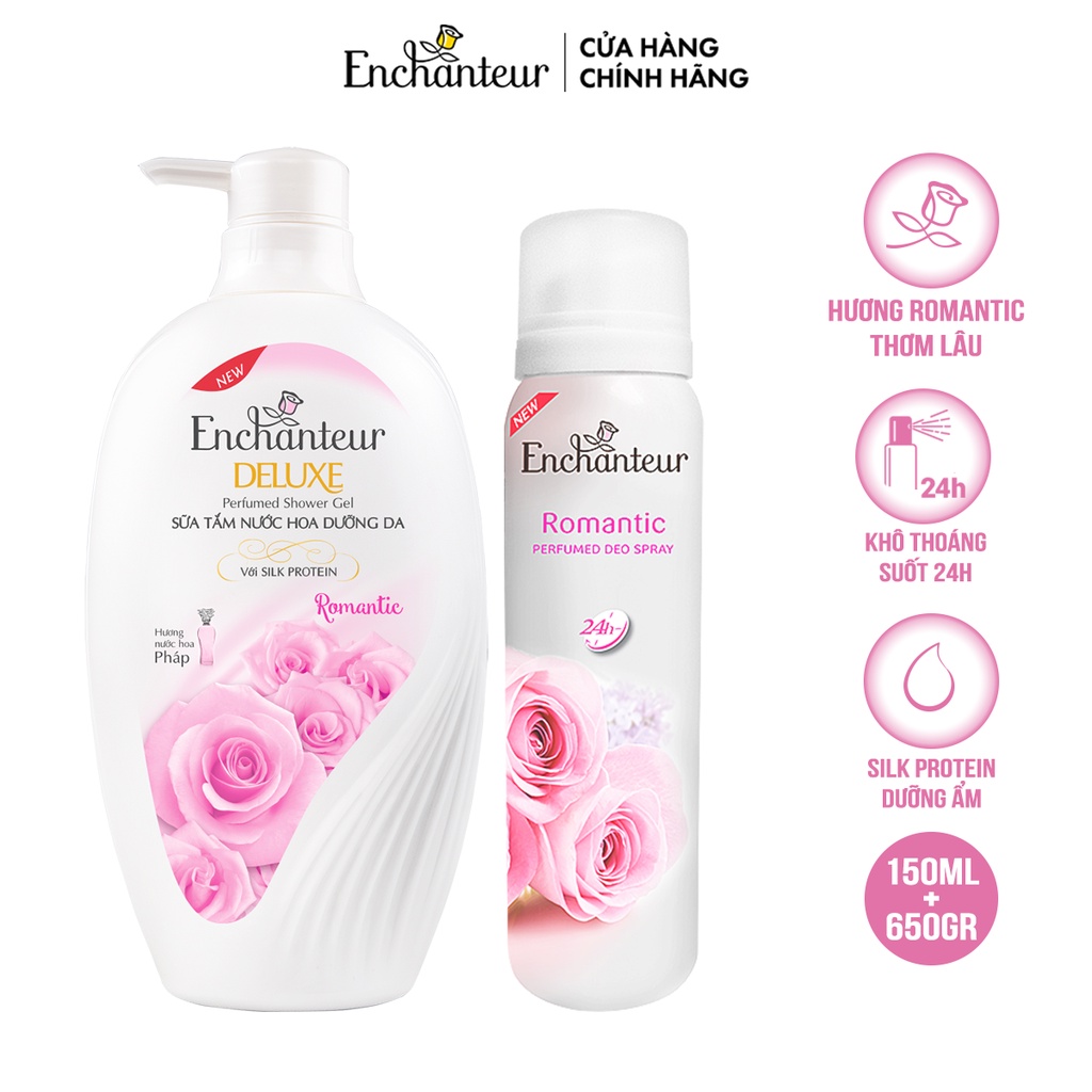 Combo Sữa Tắm Nước Hoa Dưỡng Da Enchanteur Romantic 650G + Xịt Khử Mùi Hương Nước Hoa Enchanteur Romantic 150ml