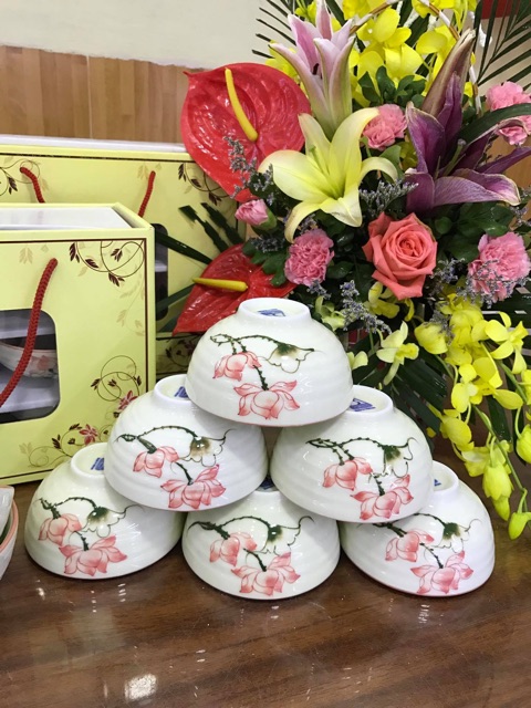 Bộ 6 bát cơm phong cách hiện đại gốm Bát Tràng (kèm hộp đựng làm quà biếu tặng)