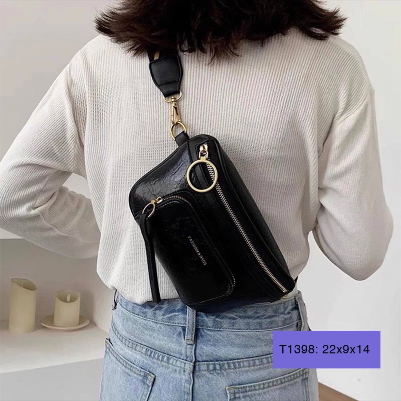 Túi bao tử đeo chéo da sần đeo bụng đeo trước ngực phối dây đeo bản to cá tính T1398