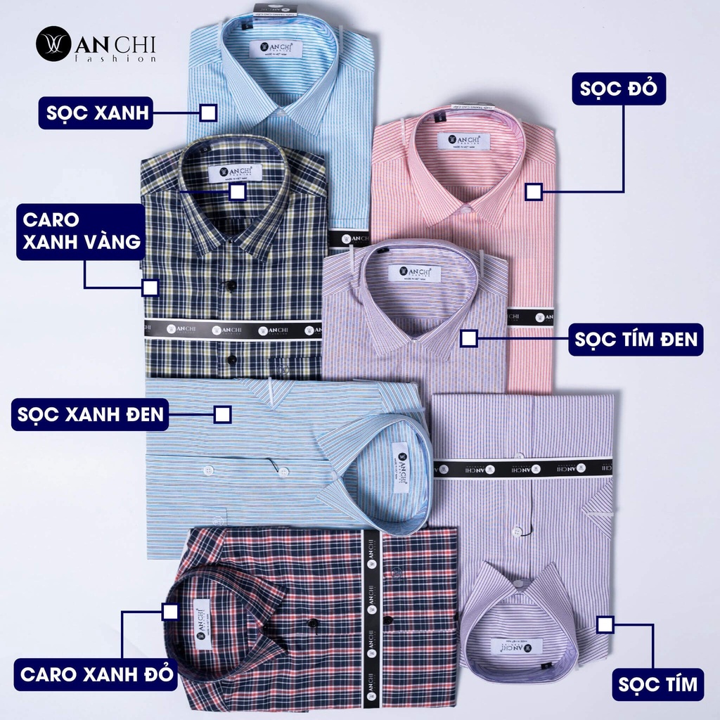 Áo Sơ Mi Nam Ngắn Tay Trung Niên ANCHI Cotton Ấn Độ Cao Cấp Hoạ Tiết Caro Xanh Đỏ