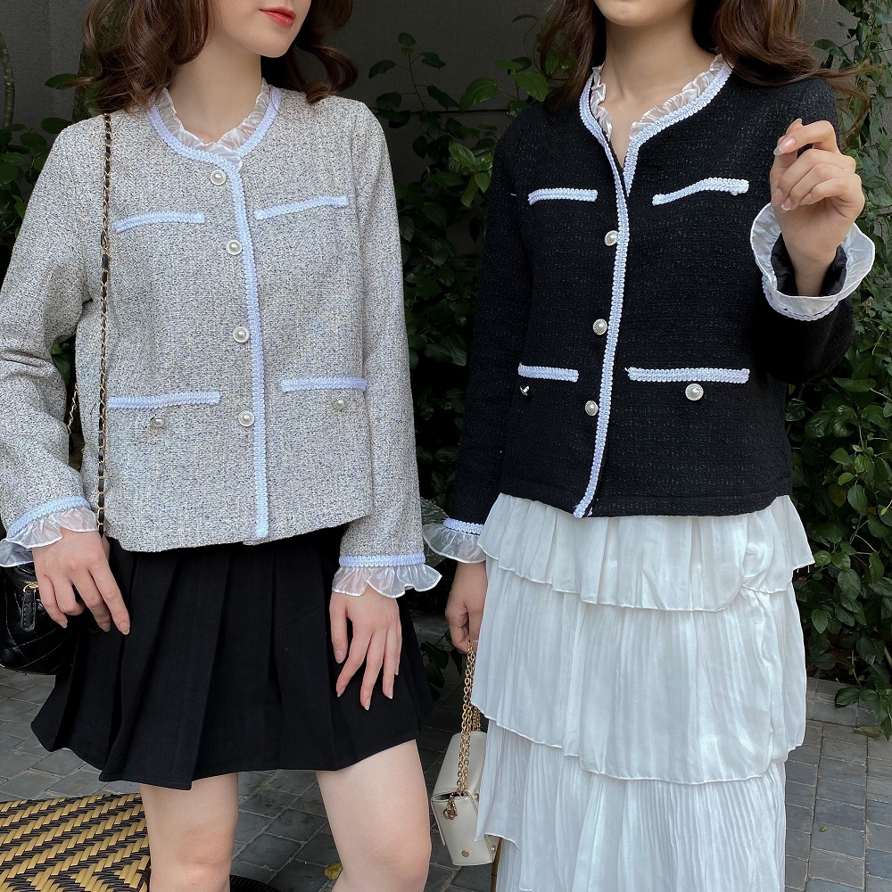 Áo khoác dạ tweed phối viền ren thiết kế by LYRA, chất dạ cao cấp dáng ngắn sang chảnh, nữ tính-LYTAK107