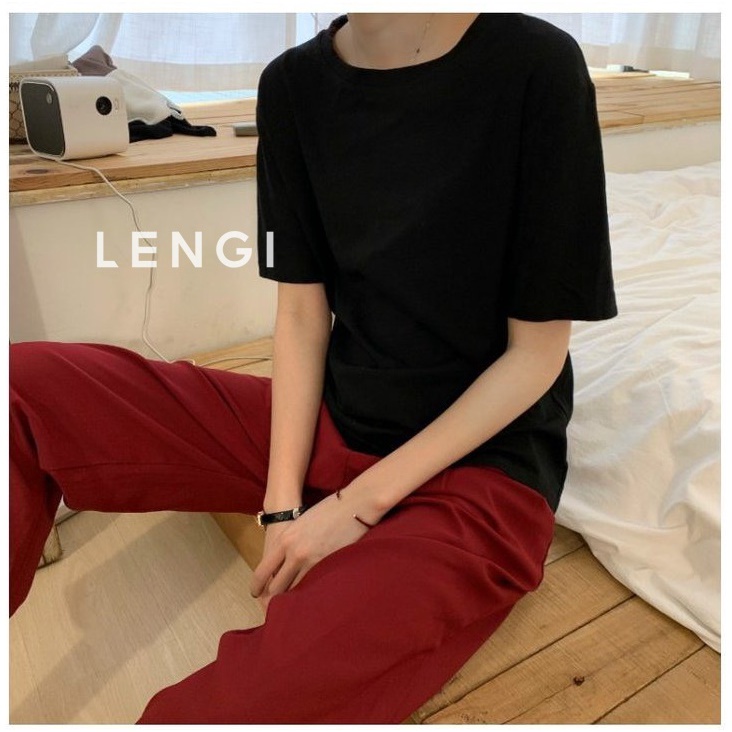 Áo thun cổ tròn trơn nữ basic LENGI  tay lỡ 100% cotton hai màu trắng đen cao cấp - LK005