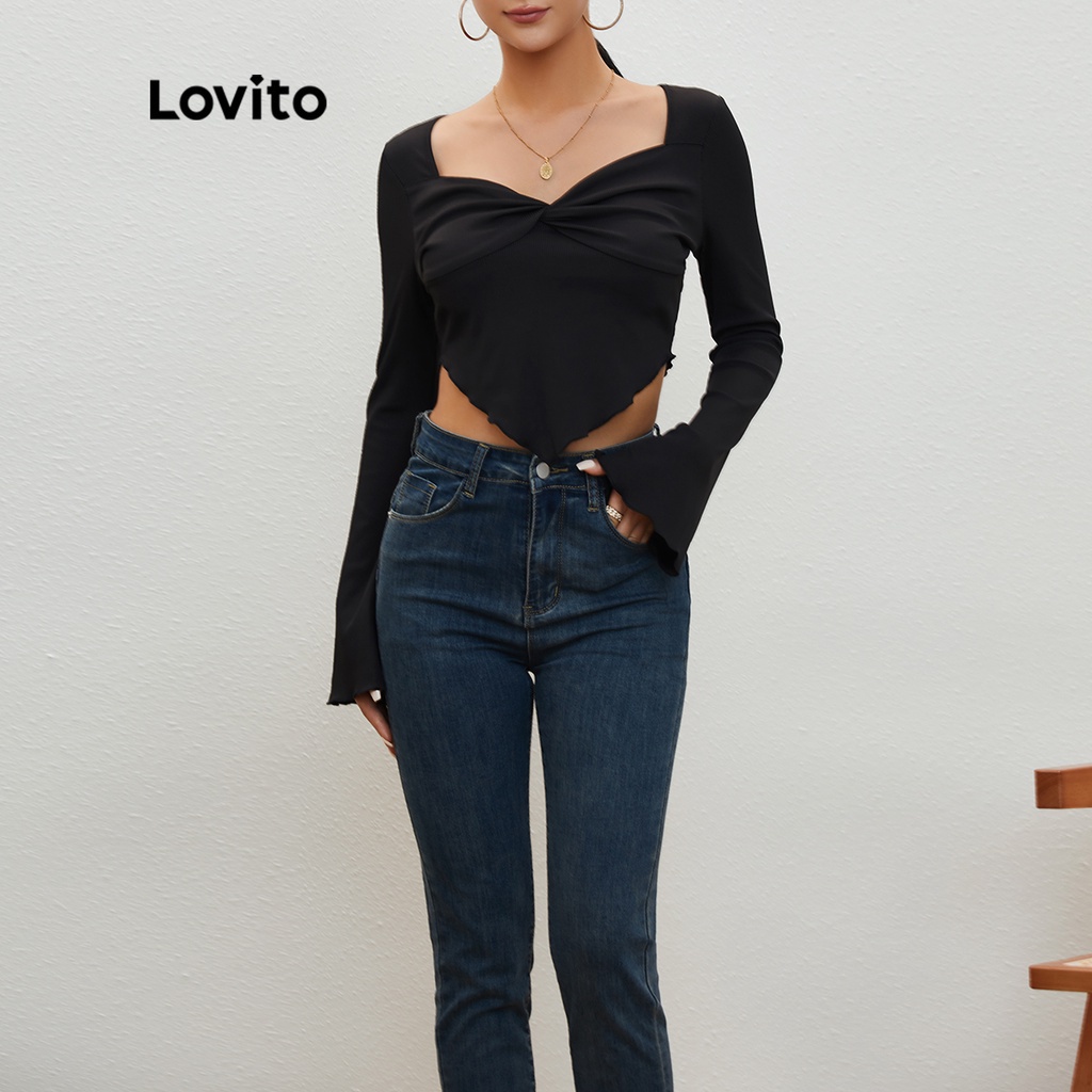 Lovito Áo Thun Tay Chuông Xoắn Màu Đen L20D163