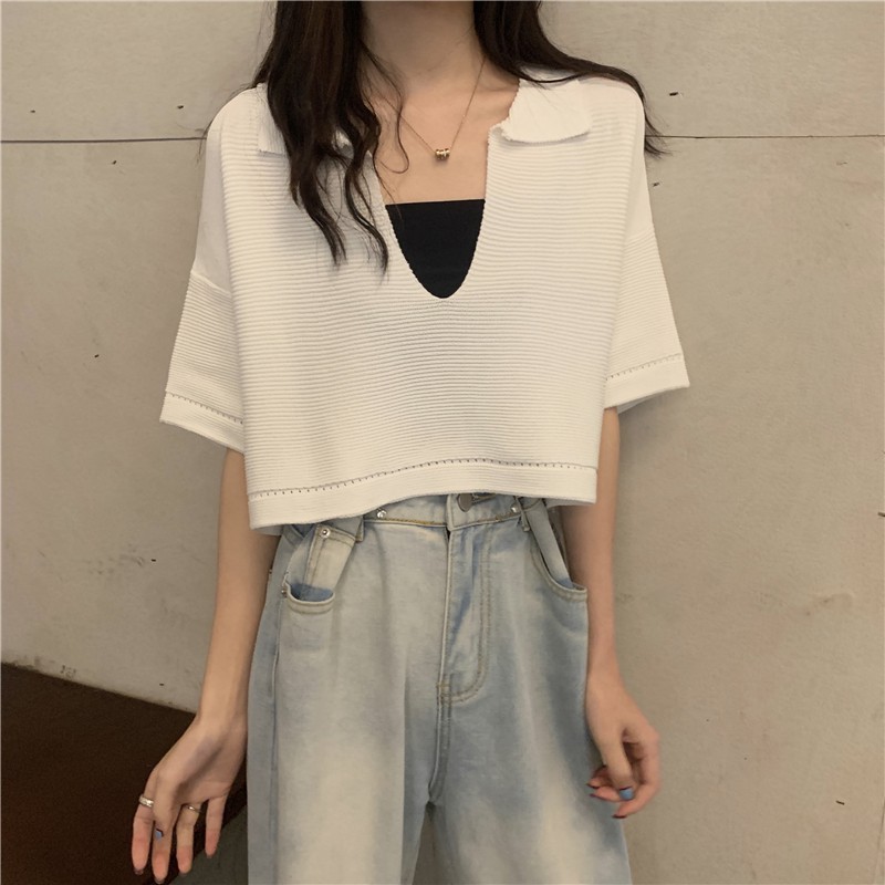 Áo croptop cổ V dáng rộng Leeva Shop phối cá tính A142