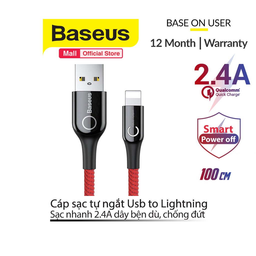 Cáp sạc Baseus USB to Lightning tự ngắt thông minh sạc nhanh 2.4A dành cho iPhone dây bện dù chống đứt dài 1m