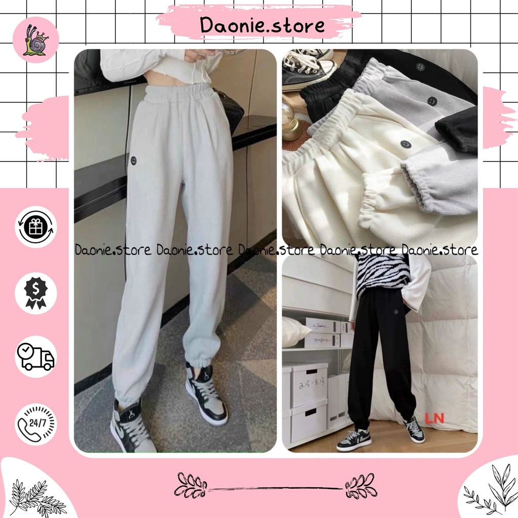 Quần bom tăm nữ bo chun năng động cá tính [FREESHIP] ♥ Jogger nỉ mỏng logo mặt cười hottrend ♥