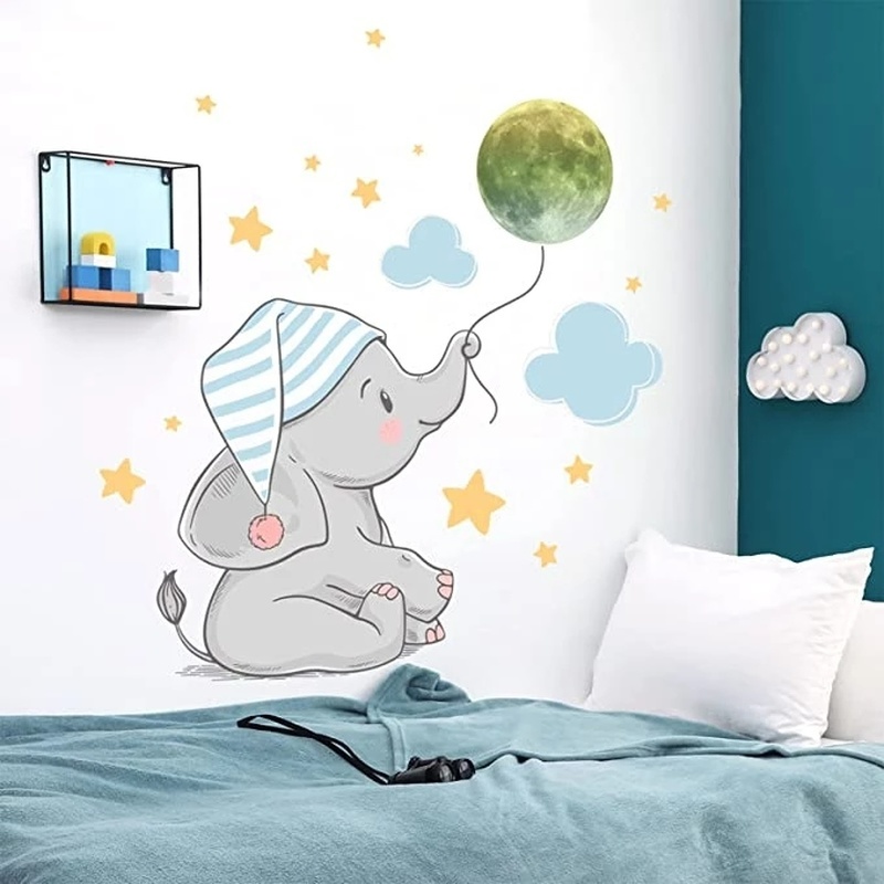 Miếng Dán Tường Dạ Quang Tự Dính Bằng PVC In Hình Voi Hoạt Hình Trang Trí Nhà Cửa DIY