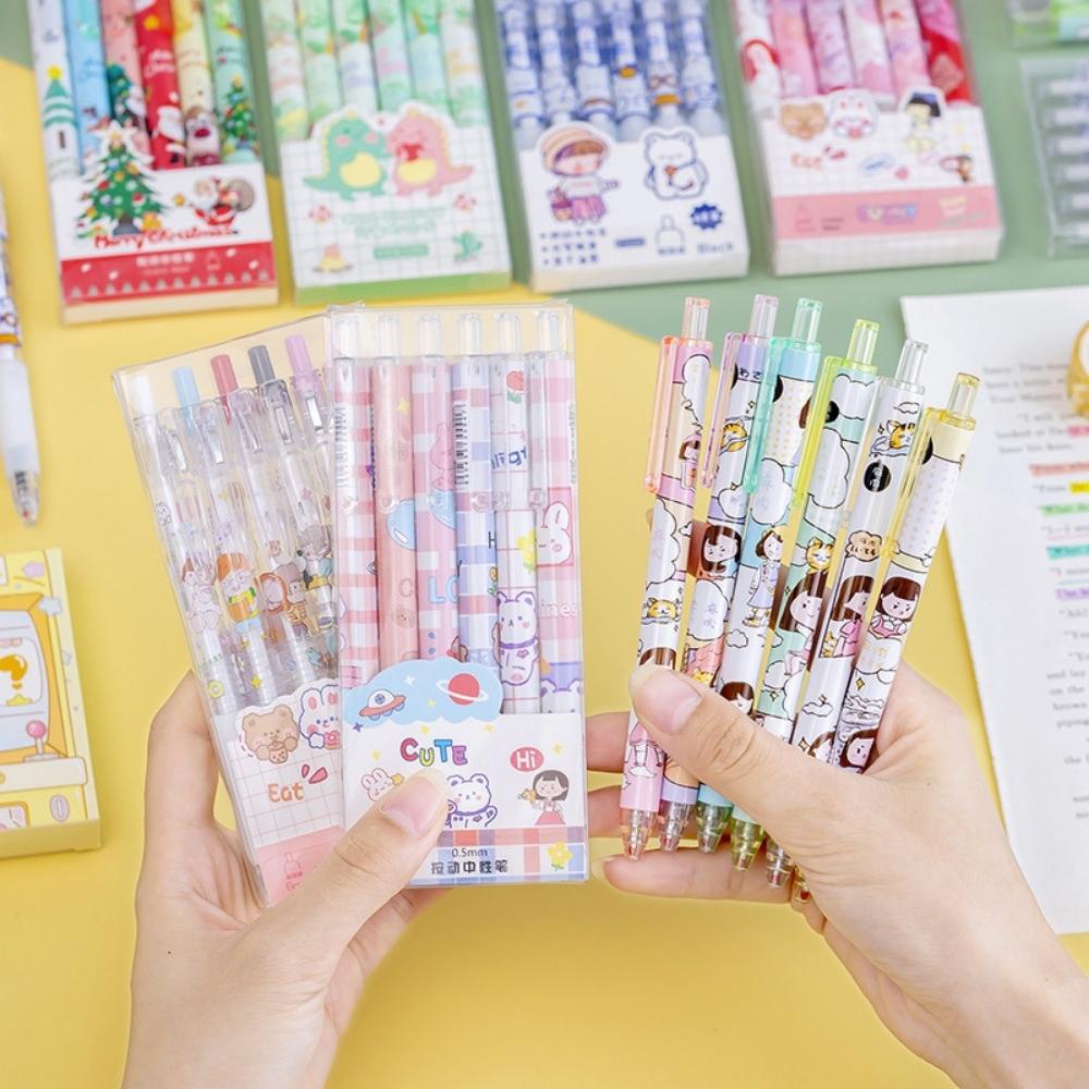 Set 6 Bút Gel bấm hoạt hình ngộ nghĩnh Mực đen 0,5 Pison Hộp bút bi nước mực gel cute văn phòng phẩm