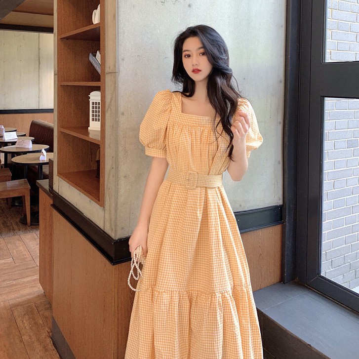 ⭐0412⭐New classic French square neck puff sleeve dress