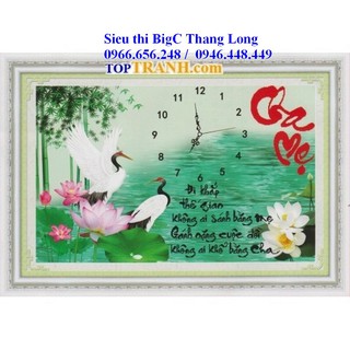 tranh thêu chữ thập đồng hồ chữ cha mẹ hạc trắng hoa sen hồng 222766 (chưa thêu)