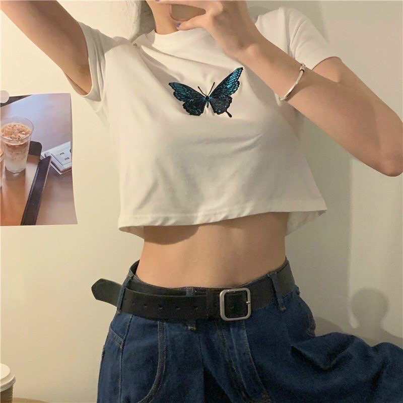 Áo Croptop nữ body thêu cánh bướm ngắn tay