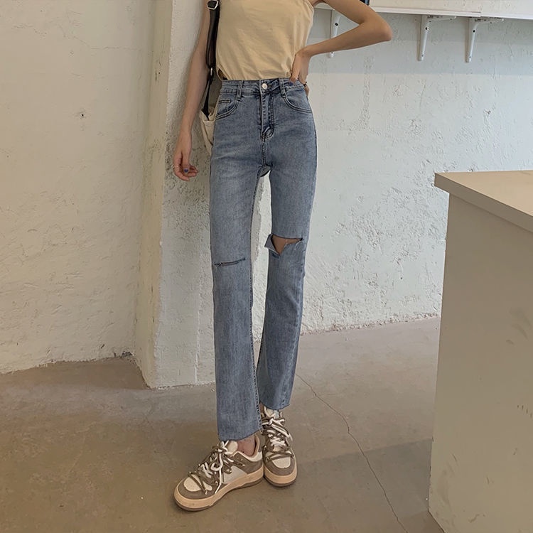 Real Shot Spot Summer Korean Version of Ins Retro High Waist Hole Straight Jeans Women Joker Stretch Slim Micro Flared Pants Tide Wash, Zipper, Buttons, Hand-worn Denim Blue S M L XL