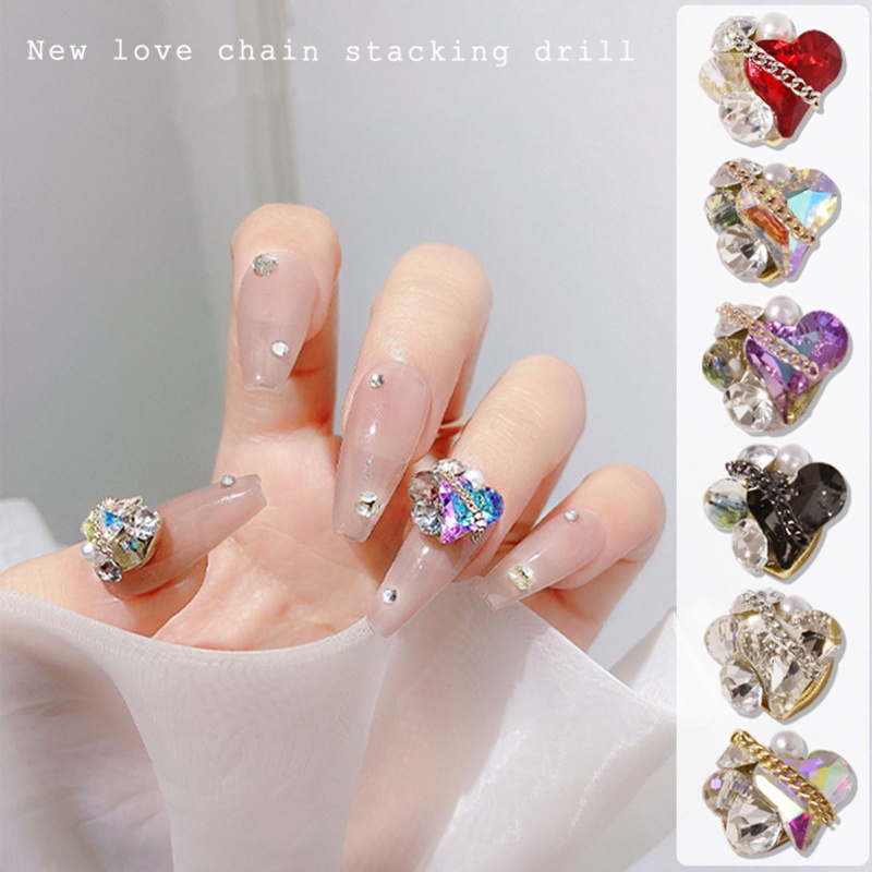 Hộp Dây Xích Kim Loại Hình Trái Tim Đính Đá Trang Trí Móng Tay