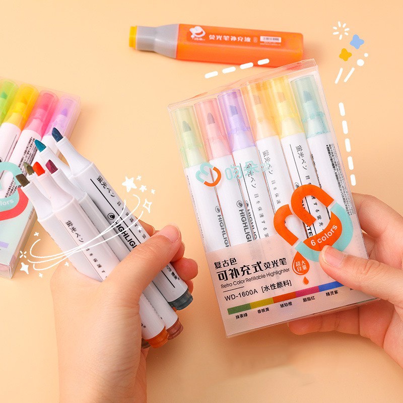 Bút dạ quang 6 màu highlight pastel, bút đánh dấu nhớ dòng cute nhiều màu marker dễ thương B04