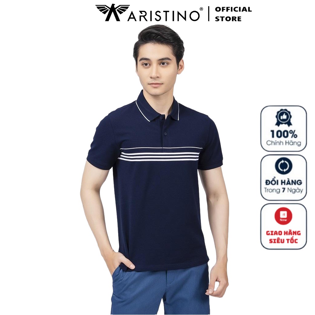 Áo Thun Polo Ngắn Tay Có Cổ Bẻ ARISTINO APS125S2 Áo Phông Nam màu xanh than kẻ ngang dáng regular fit vải cotton cao cấp