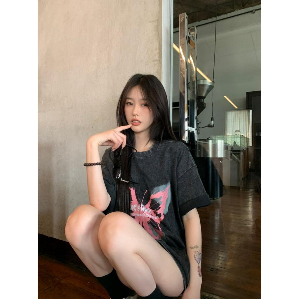 Áo Thun Cotton Ngắn Tay In Hình Bướm Đen Phong Cách Retro 63315