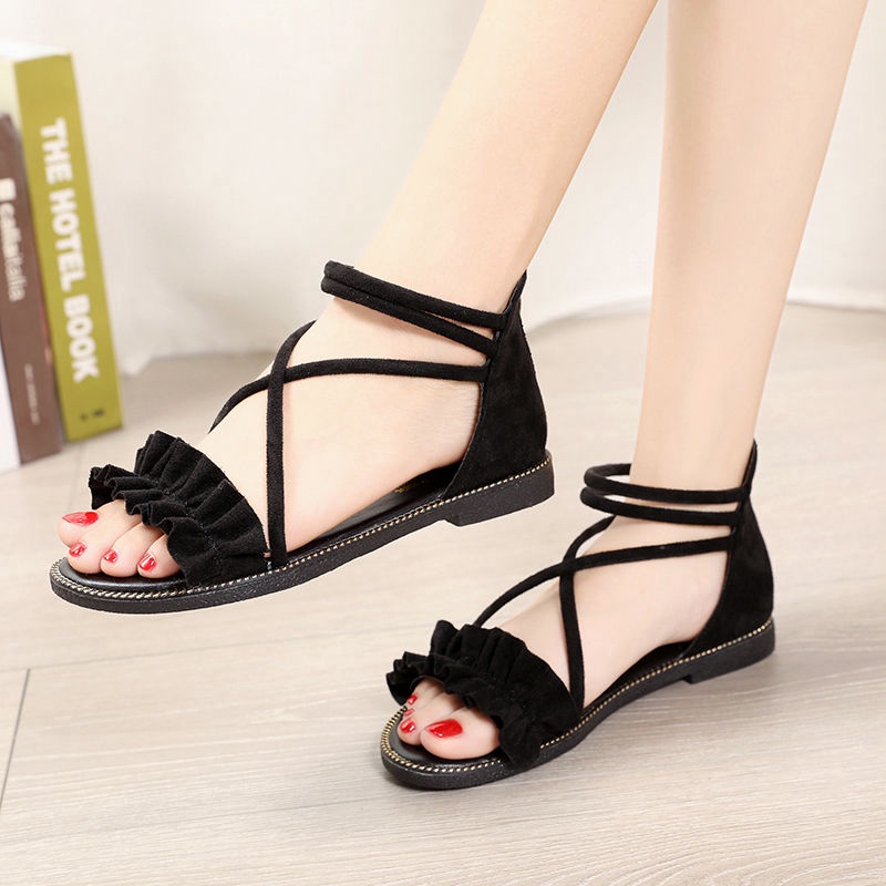Sandal nữ đi học đế bệt quai nhúng, Xăng đan nữ phong cách harajuku dây chéo móc khóa dễ thương