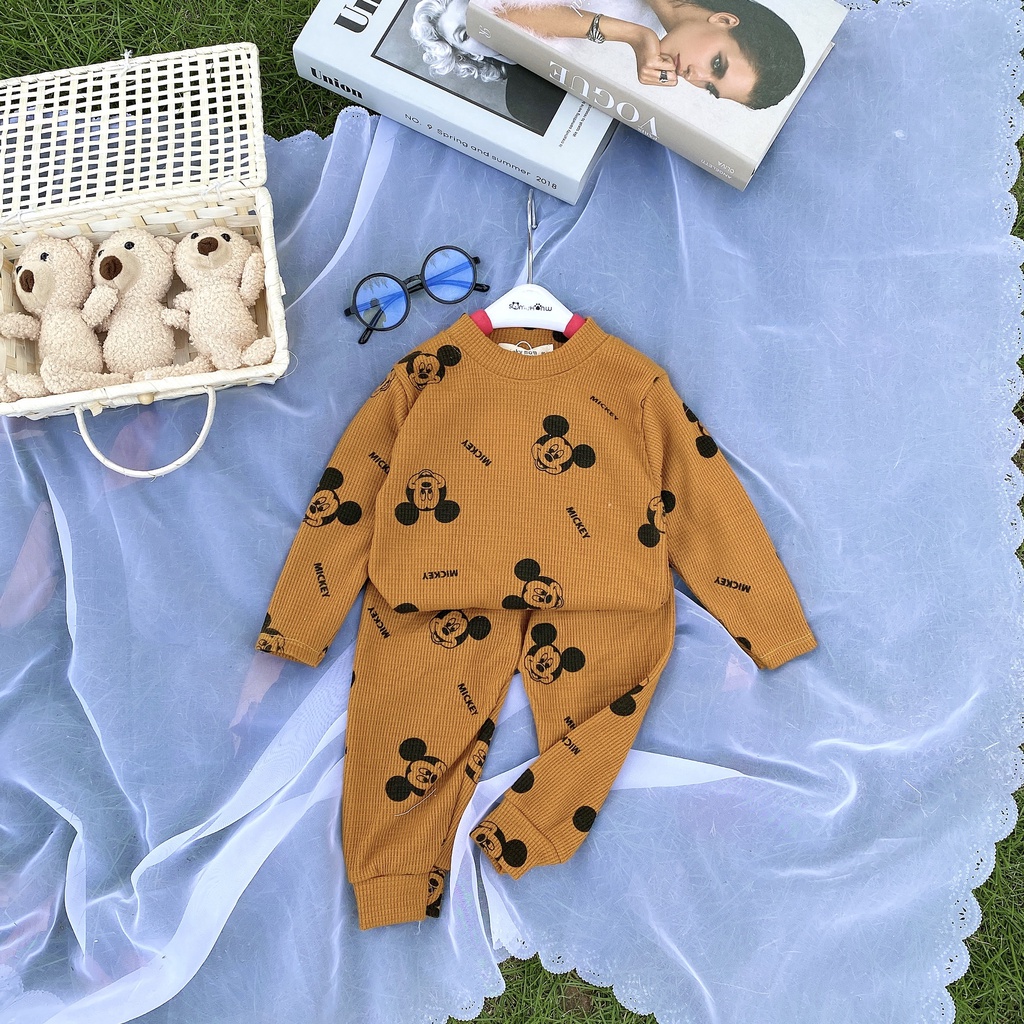 Bộ dài tay thu đông cho bé trai bé gái 8-18kg, vải tổ ong cao cấp, họa tiết Mickey ngộ nghĩnh - BO102