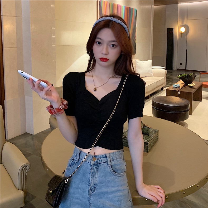 SUXI Áo dệt kim tay phồng cổ chữ v thời trang mùa hè cho nữ