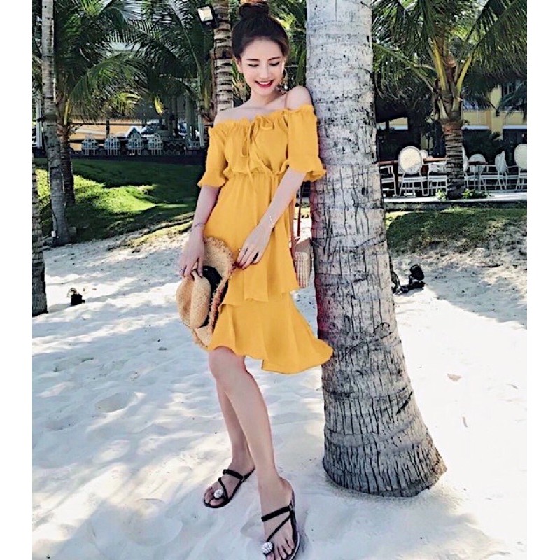 [Mã FAGREEN1505 giảm 10% tối đa 30K đơn 99K] Đầm vàng trễ vai bèo lai (kèm hình thật) | BigBuy360 - bigbuy360.vn