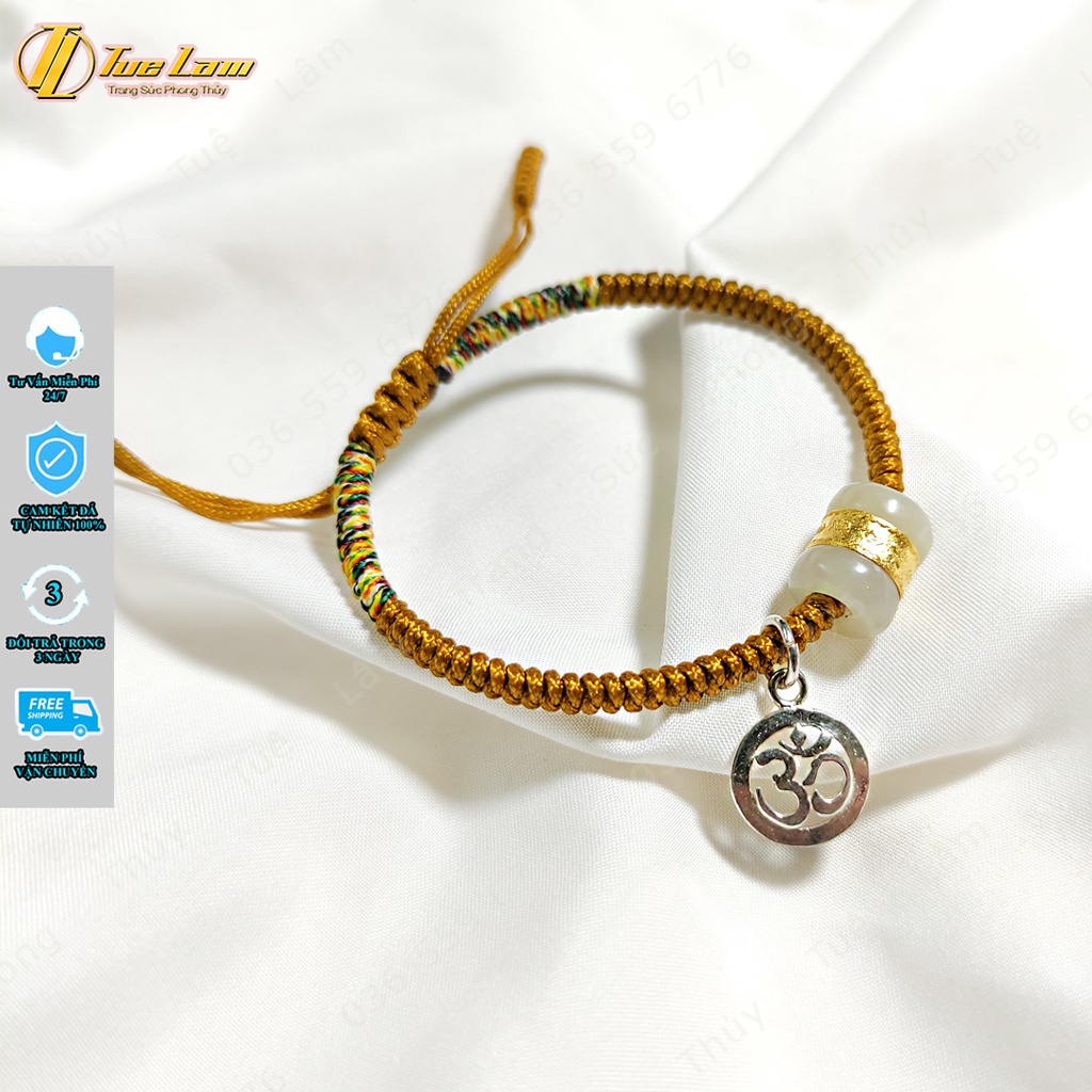 Vòng tay chỉ may mắn 2 đầu ngũ sắc bện lu thống phỷ thúy mix charm bạc OM - Tuệ Lâm