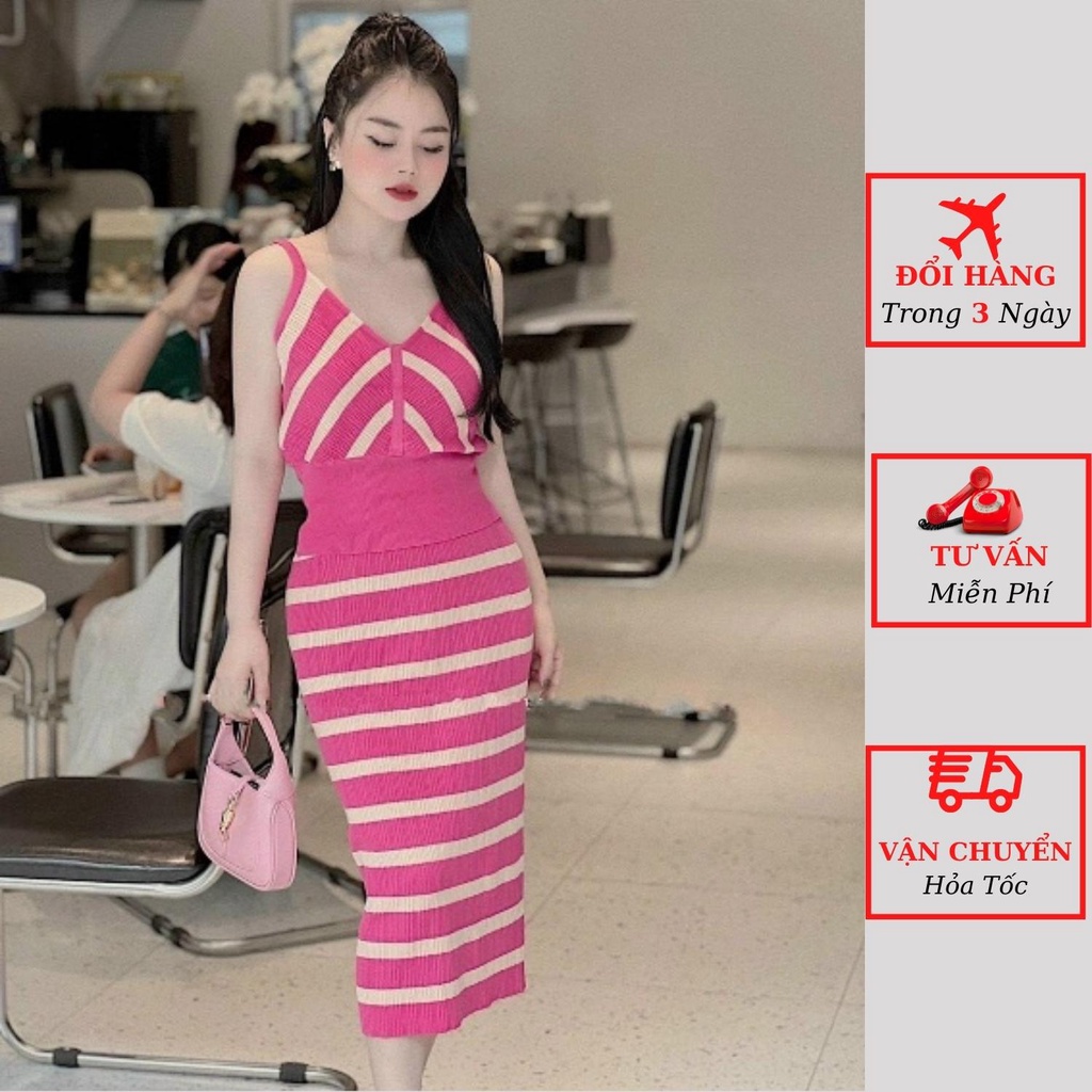 Set áo 2 dây len hồng kẻ ngang kèm chân váy đuôi cá dài maxi tiểu thư bánh bèo ulzzang Hàn Quốc