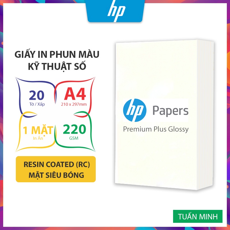 Giấy In Phun Màu Cao Cấp HP Premium Plus Glossy (Resin Coated RC) 1 Mặt Siêu Bóng, A4 220gsm 20 Tờ