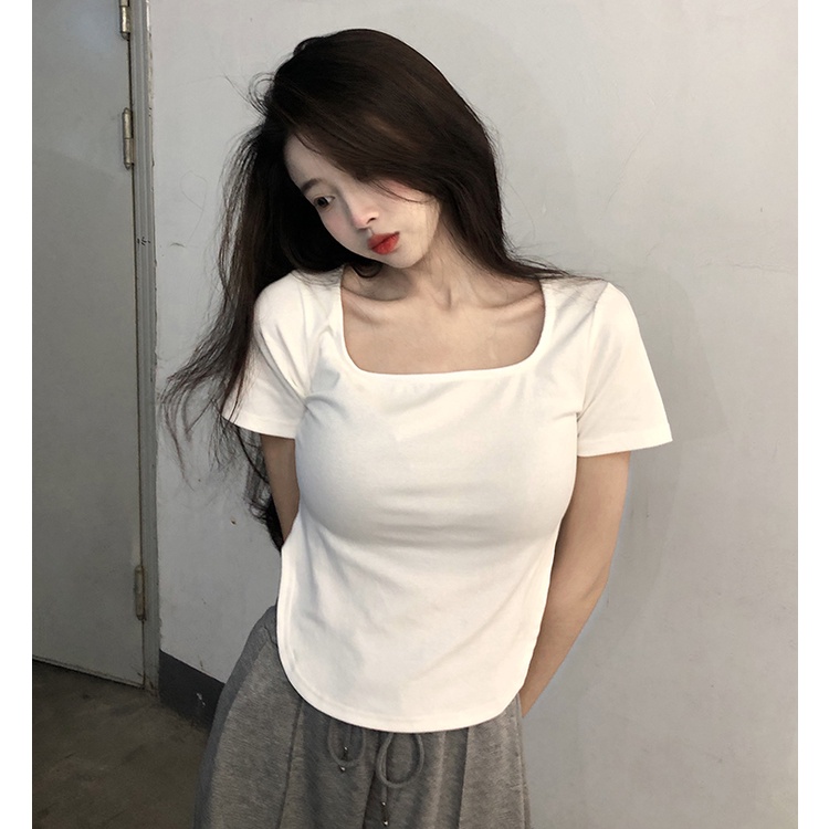 Áo Thun Tay Ngắn Cổ Vuông Dáng Ôm Phong Cách Hàn Quốc Thời Trang Cho Nữ