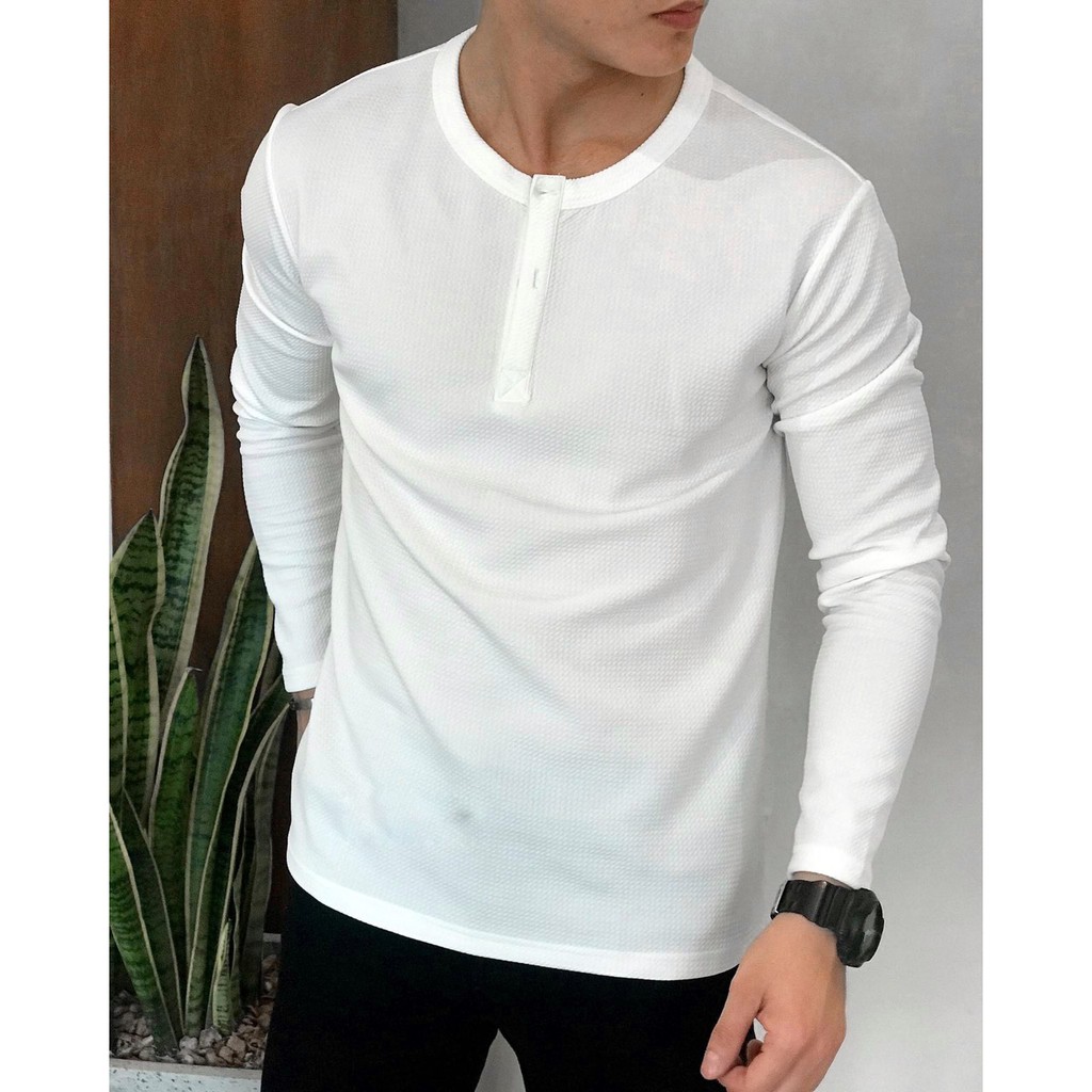 Áo Thun Dài Tay Unisex Nam Nữ Thời Trang Chất Cotton Tổ Ong Thoáng Mát Chống Nhăn 3 Cúc Tiện Lợi Mùa Thu Đông