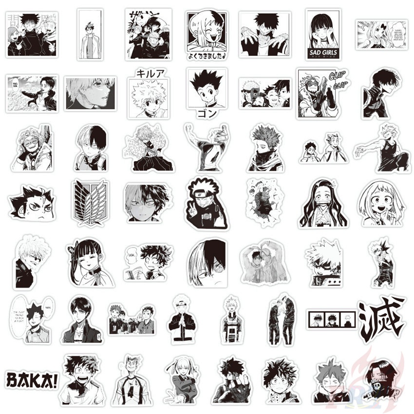 ❉ Classical Black &amp; White Anime Cartoon Series 02 Mixed Stickers ❉ 50Pcs/Set Waterproof DIY Decals Doodle Stickers