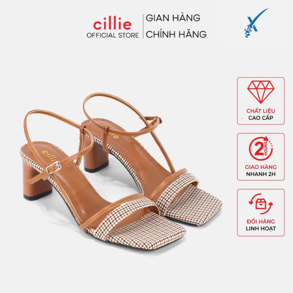 🖐️ Giày sandal nữ cao gót quai ngang phối vải bố vintage gót vuông cao 7cm đi học đi chơi dạo phố Cillie 1108 🖐️