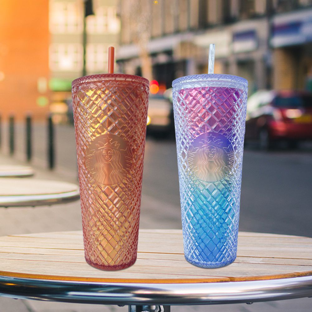 710Ml/24Oz Starbuck Nhựa 2 Lớp Straw Cup Đính Lạnh Ly Nhật Bản Sầu Riêng Cup Nhiều Màu Sắc Di Động Lớn dung Lượng Tumbler Có Ống Hút