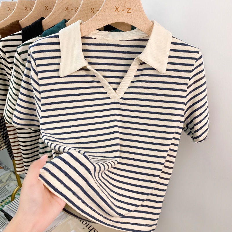 Áo Thun Polo Tay Ngắn Cổ Chữ v Họa Tiết Kẻ Sọc Thời Trang Mùa Hè Hàn Quốc Dành Cho Bạn Nữ 54031