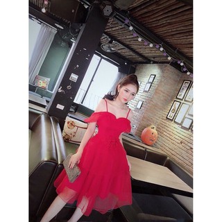 Đầm lưới 2 lớp trễ vai sang trọng + Ảnh thật