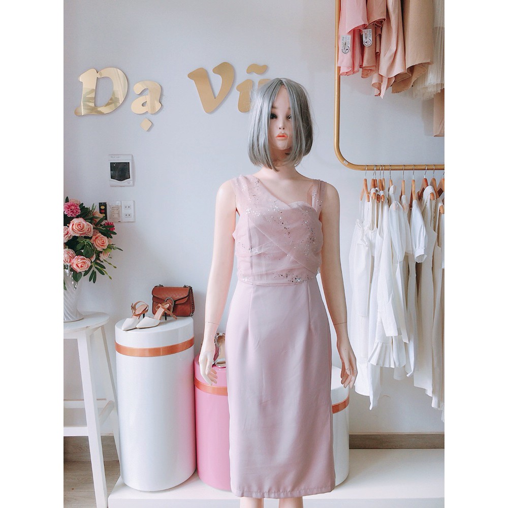 VÁY ÔM BODY HỒNG PHỐI REN KIM TUYẾN FOM SIÊU SANG