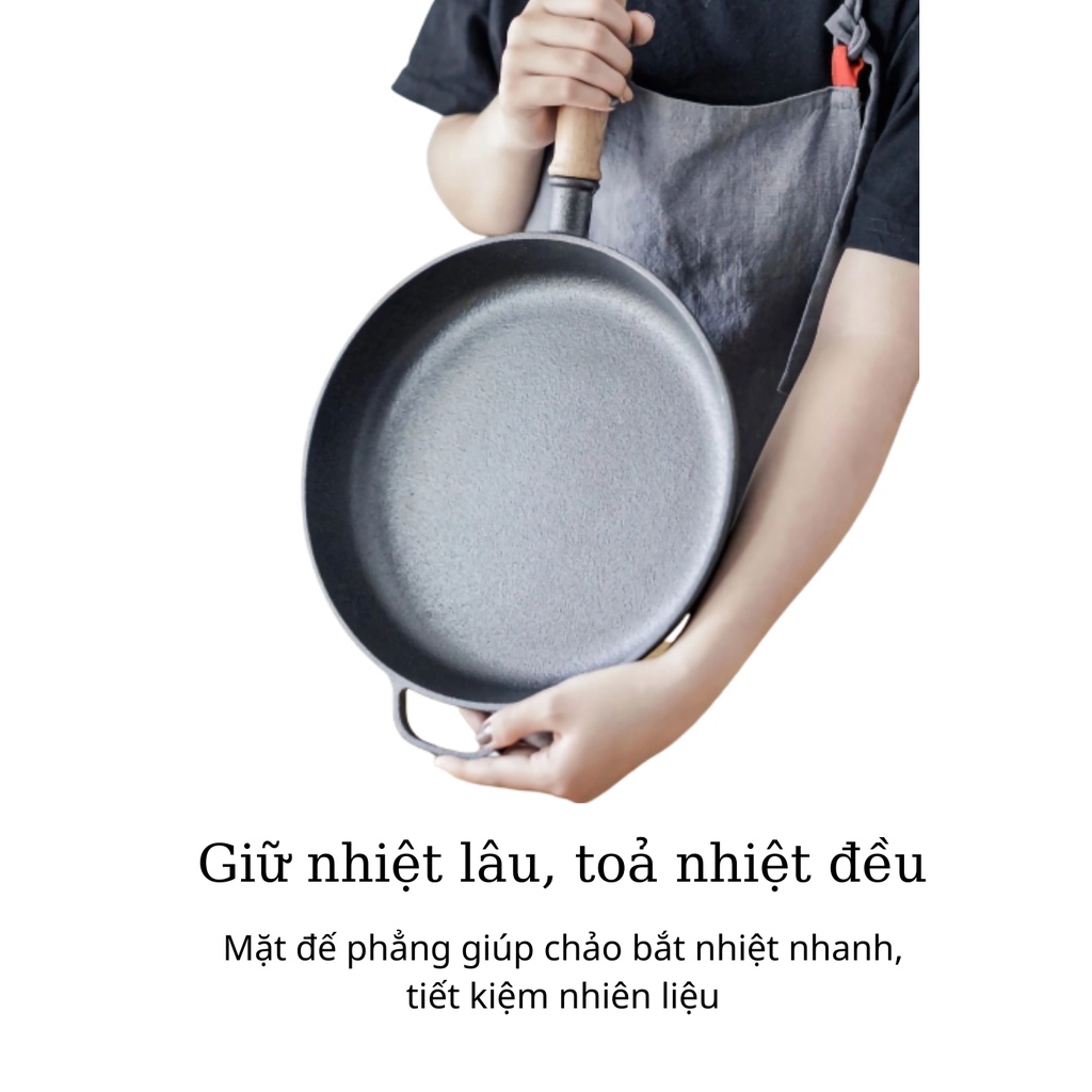 Chảo Gang Nguyên Khối, Chống Dính Tự Nhiên, Chảo Gang Cán Gỗ LIIN DECOR