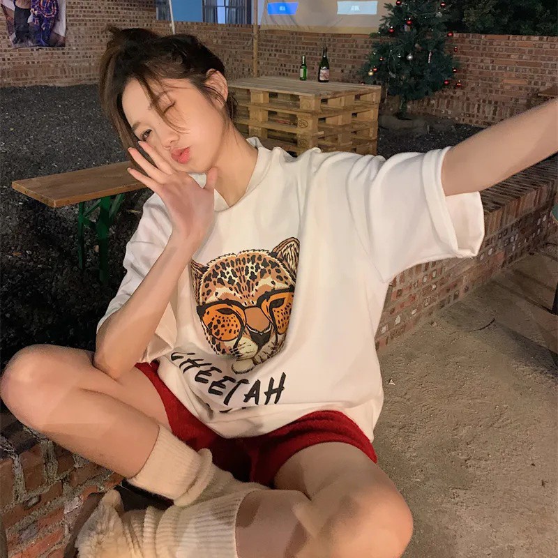 Aó phông nữ unisex tay lỡ dáng rộng dấu quần in hình 3D coton thoáng mát phong cách trẻ trung năng động