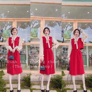 Set áo đỏ thắt nơ cổ kèm chân váy kèm ảnh thật